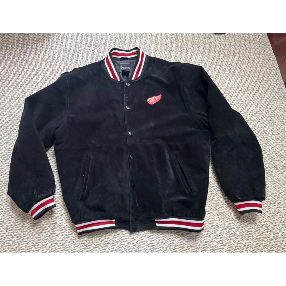 Spotlight Detroit Red Wings Mens Large Black Suede Leather Varsity Bomber Jacket